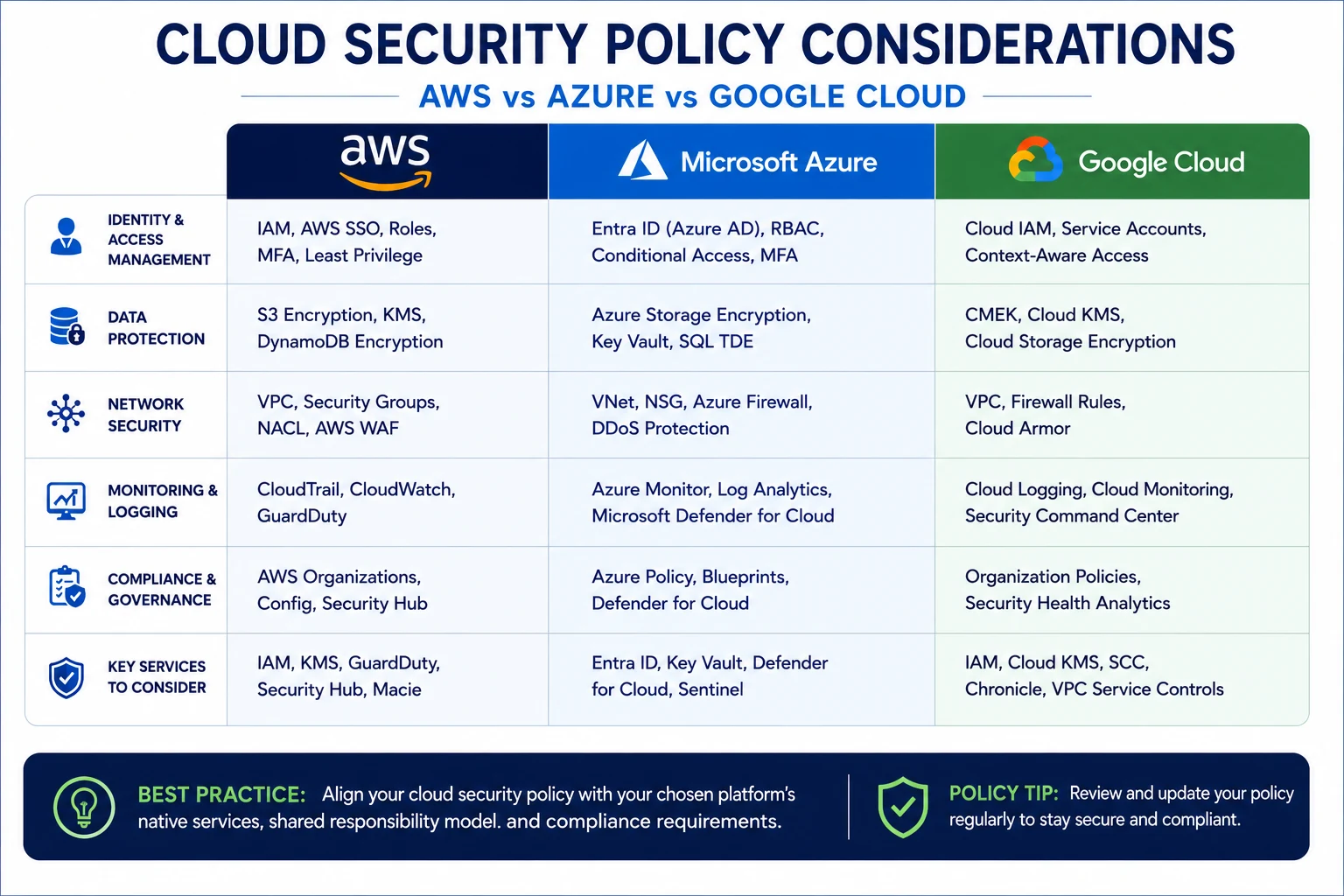 AWS vs Azure vs Google Cloud Security Policy Cloud security policy for AWS Azure and Google Cloud