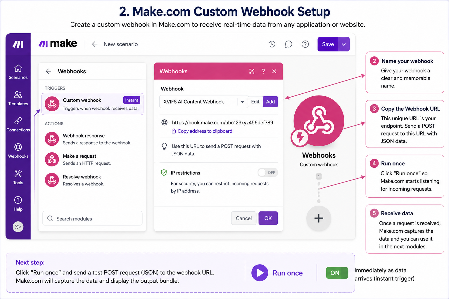 Make.com custom webhook setup for real-time automation