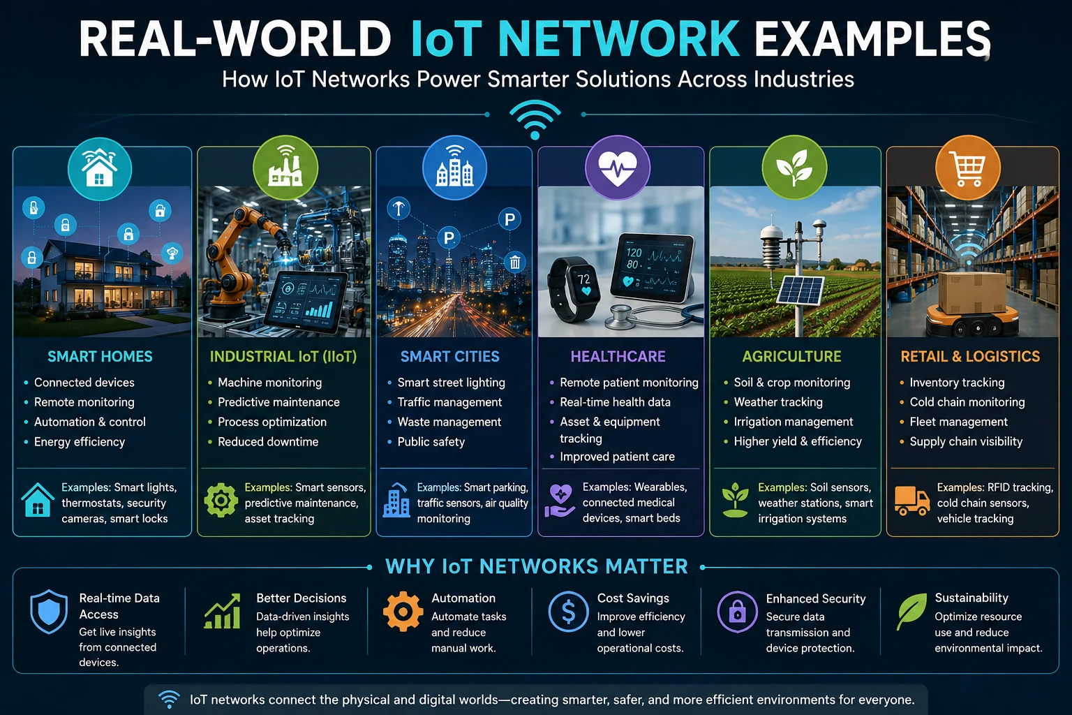 Real-world IoT network examples in smart homes, industry, cities, healthcare, agriculture and logistics