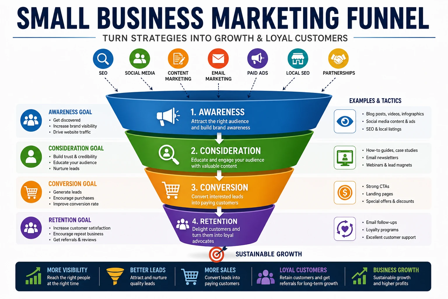 Small business marketing funnel showing awareness, consideration, conversion and customer retention